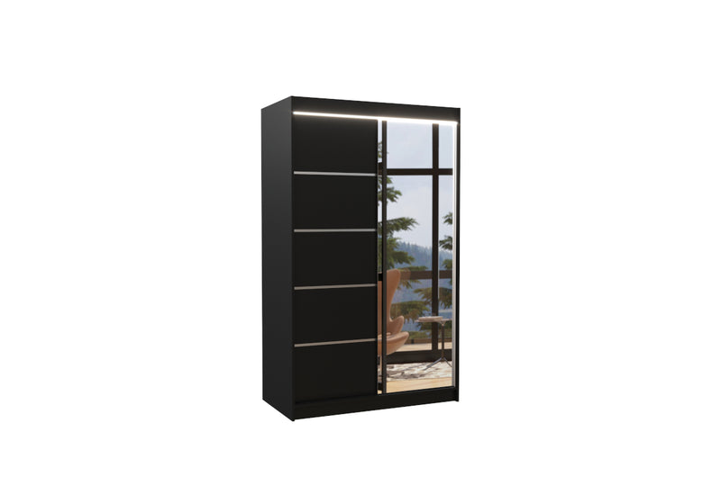 ANCORA tolóajtós ruhásszekrény tükörrel, 120x200x58, fekete + LED - - 0