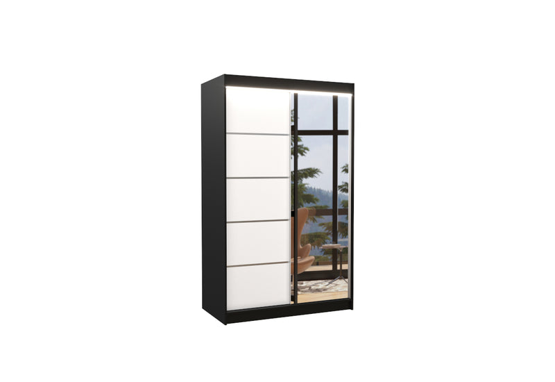 ANCORA tolóajtós ruhásszekrény tükörrel, 120x200x58, fekete/fehér + LED - - 0
