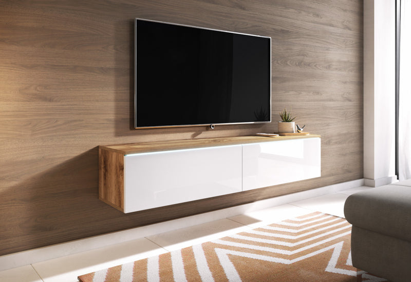 MENDES D 140 TV asztal, 140x30x32, tölgy wotan/fehér fényes - - 0
