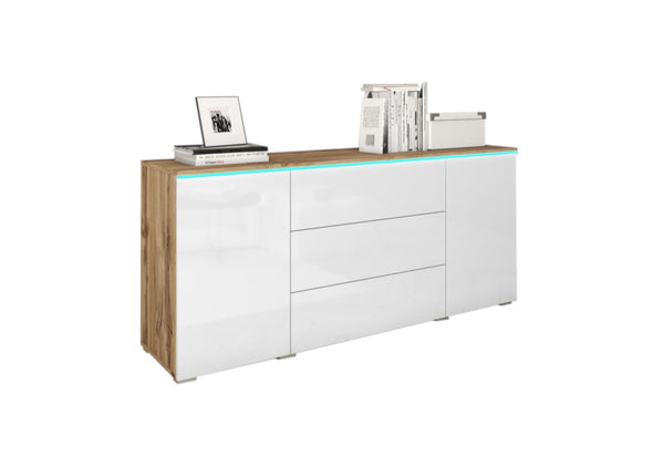 AMALIE komód, 150x68x39,5, wotan tölgy/fehér fényű + LED -  - 0