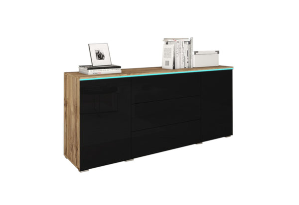 AMALIE komód, 150x68x39,5, wotan tölgy/fekete fényű + LED -  - 0