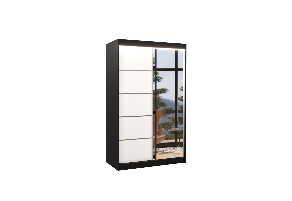 ANCORA tolóajtós ruhásszekrény tükörrel, 120x200x58, fekete/fehér + LED -  - 0