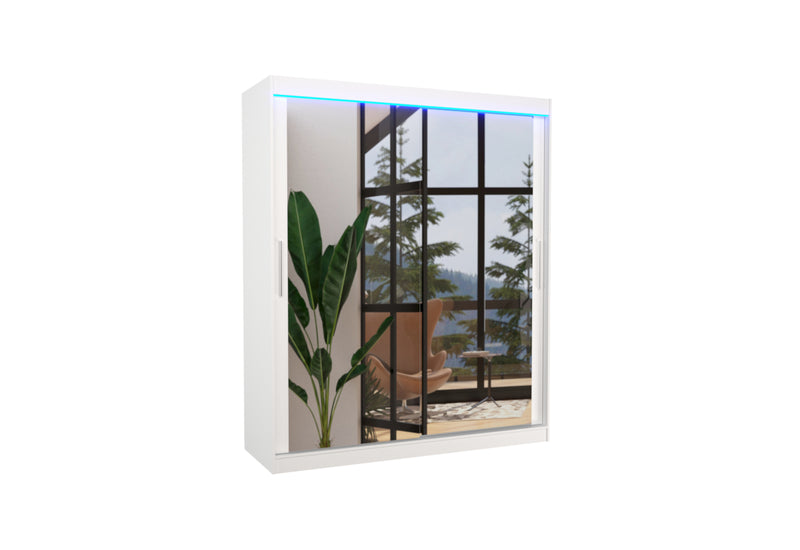 RAPID tolóajtós ruhásszekrény tükörrel, 180x215x58, fehér + LED -  - 0