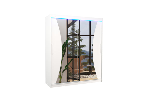 SWIFT tolóajtós ruhásszekrény tükörrel, 180x215x58, fehér + LED -  - 0