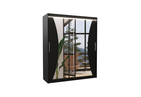 SWIFT tolóajtós ruhásszekrény tükörrel, 180x215x58, fekete + LED -  - 0