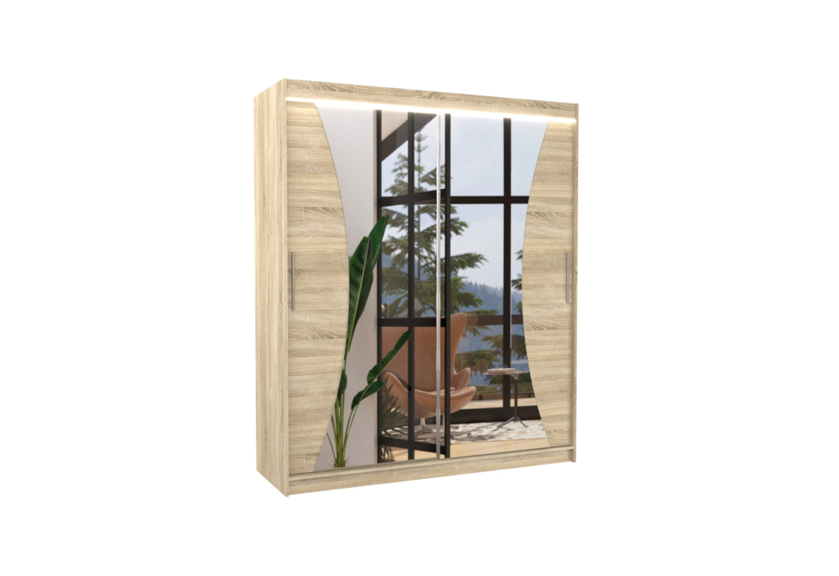 SWIFT tolóajtós ruhásszekrény tükörrel, 180x215x58, sonoma + LED -  - 0
