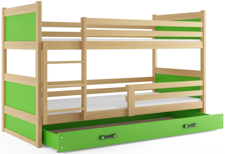 FIONA 2 COLOR emeletes ágy, 90x200 cm, borovifenyő/zöld