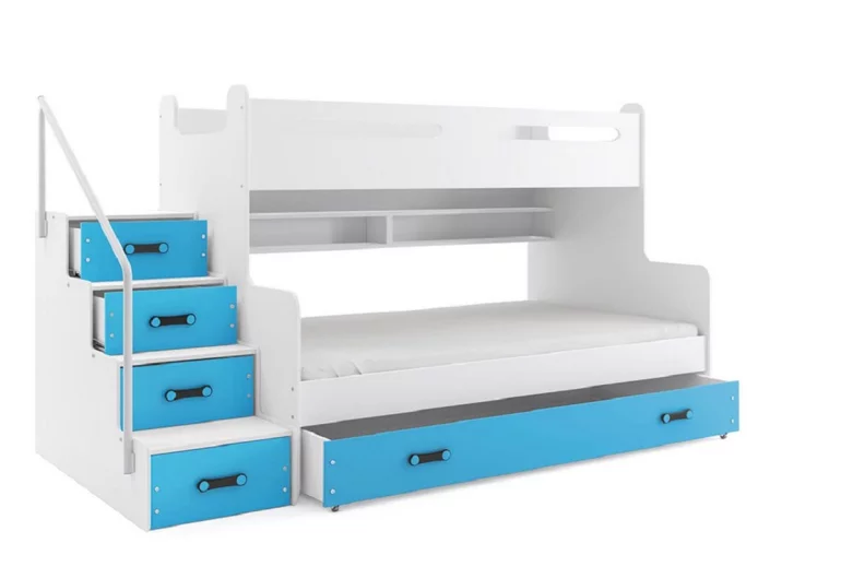 XAVER 3 COLOR emeletes ágy + AJÁNDÉK matrac + ágyrács, 120x200 cm, fehér, kék