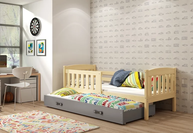 FLORENT P2 gyerekágy + AJÁNDÉK matrac + ágyrács, 90x200 cm, borovifenyő, grafit