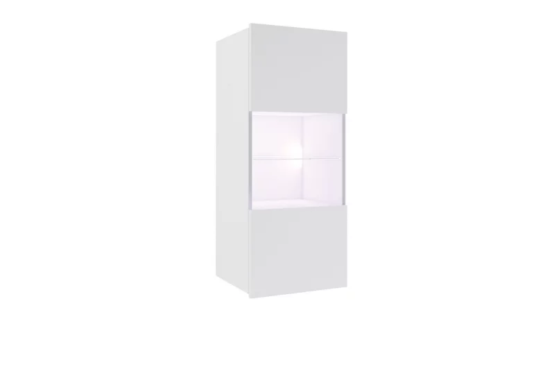 BRINICA vitrines faliszekrény, fehér/magasfényű fehér, + fehér LED