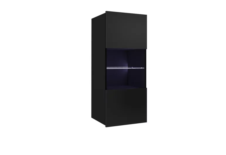BRINICA vitrines faliszekrény, fekete/magasfényű fekete, + fehér LED