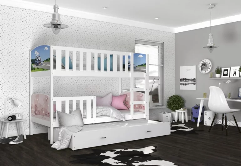 TAMI 3 COLOR gyermek emeletes ágy szines nyomtatással + matrac + rács INGYEN