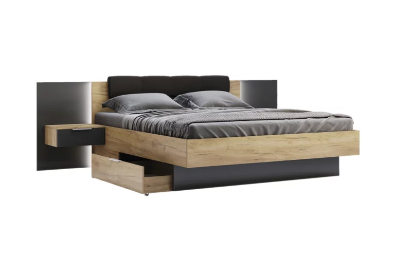 DOTA ágy + éjjeliszekrények + matrac MORAVIA, 160x200, láva matt/tölgy kraft