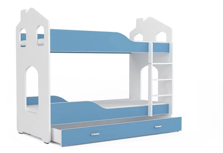 PATRIK 2 Domek gyerekágy + AJÁNDÉK matrac + ágyrács, 190x80 cm, szürke/kék