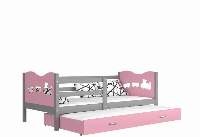 Dětská postel FOX P2 color + matrace + rošt ZDARMA, 184x80, šedá/vláček/růžová