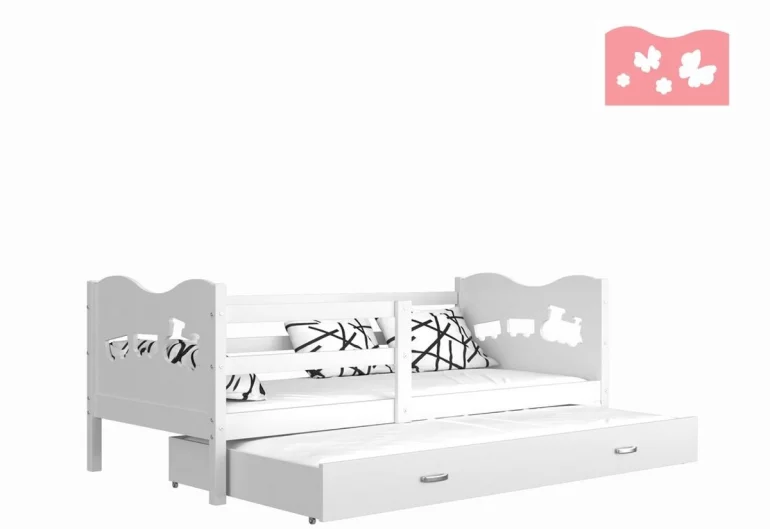 FOX P2 COLOR tömörfa gyerekágy + AJÁNDÉK matrac + ágyrács, 184x80 cm, fehér/pillangó/fehér