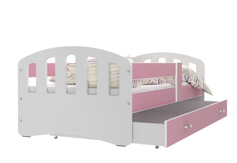 ŠTÍSTKO P1 COLOR gyerekágy + AJÁNDÉK matrac + ágyrács, 140x80 cm, fehér/rózsaszín