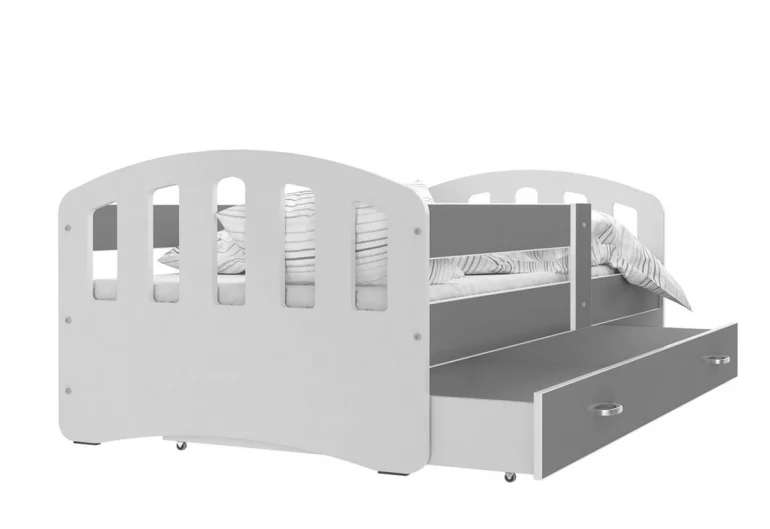 ŠTÍSTKO P1 COLOR gyerekágy + AJÁNDÉK matrac + ágyrács, 140x80 cm, fehér/szürke
