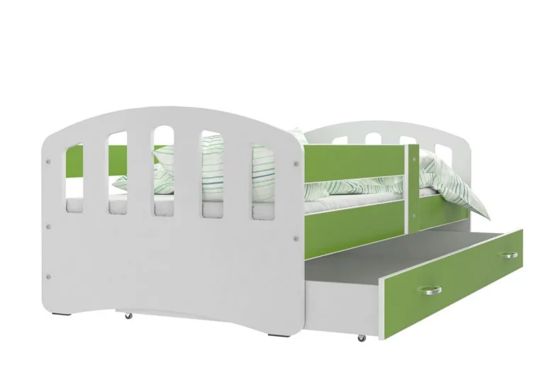 ŠTÍSTKO P1 COLOR gyerekágy + AJÁNDÉK matrac + ágyrács, 160x80 cm, fehér/zöld