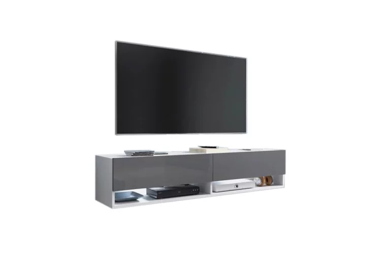 MENDES A 140 TV asztal, 140x30x32, fehér/szürke magasfényű, LED világítással