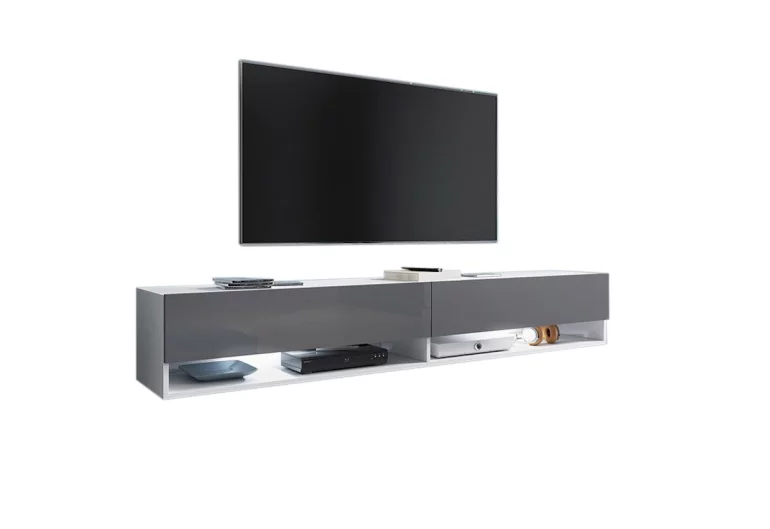 MENDES A 180 TV asztal, 180x30x32, fehér/szürke magasfényű, LED világítással