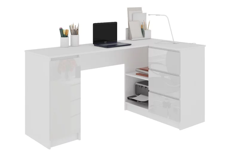 KORDA B20 íróasztal, 155x77x85/48,5, fehér/magasfényű fehér, jobbos