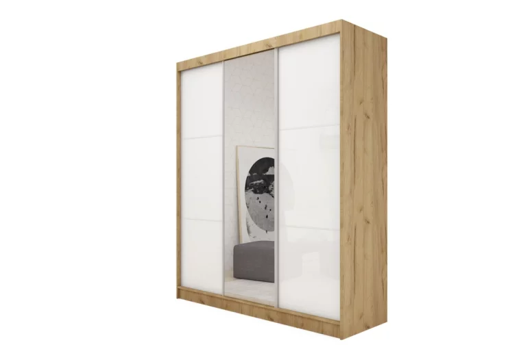 BIBIANA tolóajtós ruhásszekrény tükörrel, sonoma/fehér üveg, 180x216x61