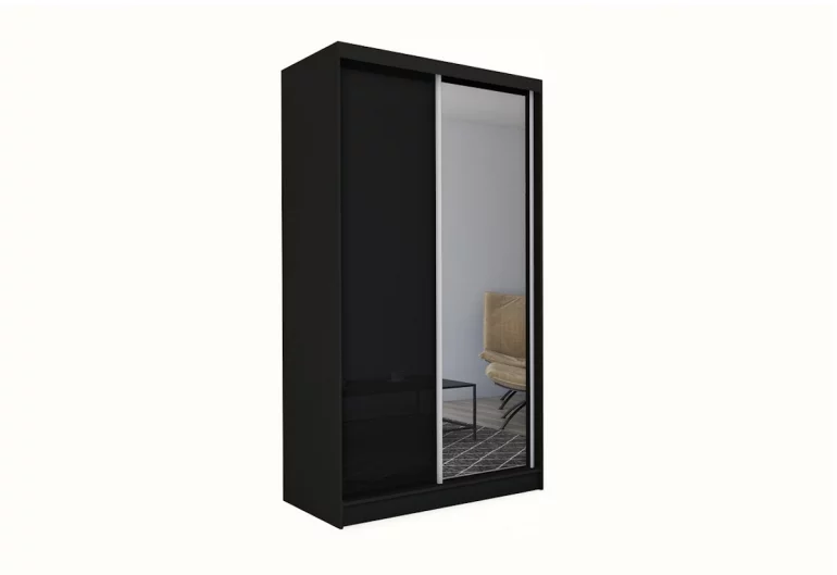 TARRA tolóajtós ruhásszekrény tükörrel, fekete, 150x216x61